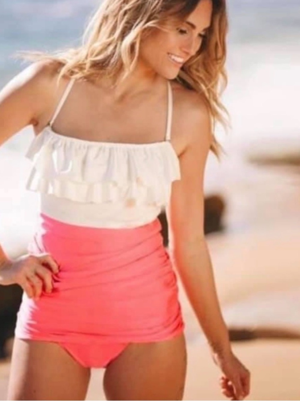 Albion Fit Ruffled White & Pink One Piece Swimsuit Small